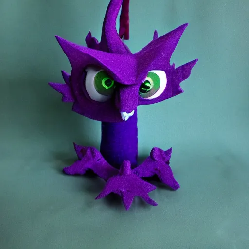 Image similar to silly purple dragon puppet with bloodshot eyes