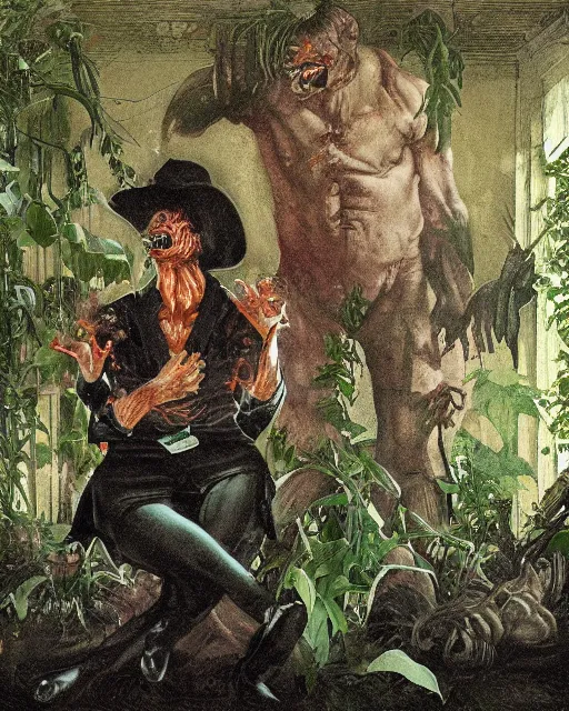 Prompt: dark fleshy figure seated next to another dark angry figure laughing alone inside an empty dark ballroom overgrown with plants in the style of Norman Rockwell and Greg Rutkowski and Francis Bacon