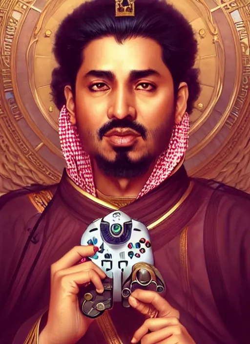 Image similar to king of saudi arabia playing video games, intricate, elegant, highly detailed, my rendition, digital painting, artstation, concept art, smooth, sharp focus, art by artgerm and greg rutkowski and alphonse mucha and uang guangjian and gil elvgren and sachin teng, symmetry!!