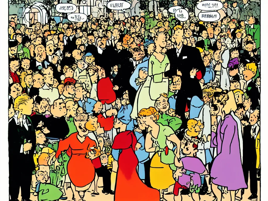 Prompt: Tin Tin gets married, illustration by Hergé