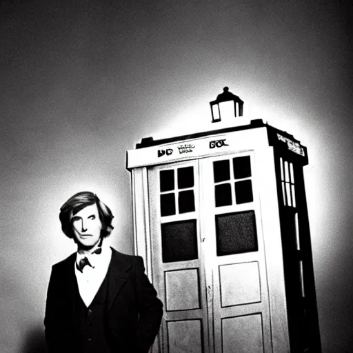 Prompt: a long shot, black & white studio photographic portrait of doctor who, dramatic backlighting, 1 9 7 3 photo from life magazine, technicolor