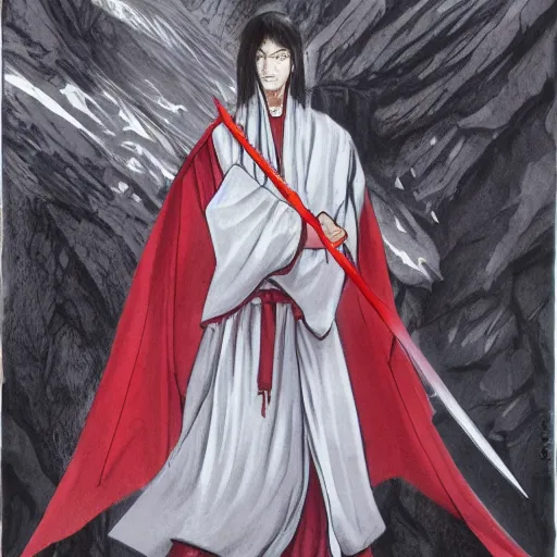 Image similar to samarai cloaked in white with swords, standing in light beam of a dark cave, ruby red sorrow, high quality, ultra detail