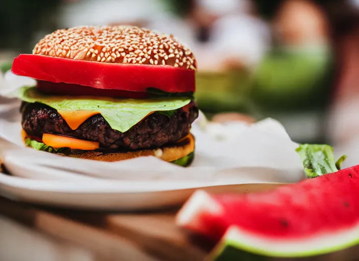 Prompt: dslr food photograph of burger with watermelon on it, 8 5 mm f 1. 8