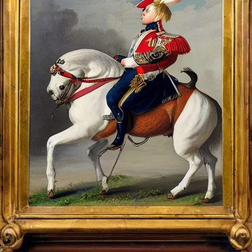 Image similar to french bulldog riding horse in battle like napoleon, painted by saint - bernard