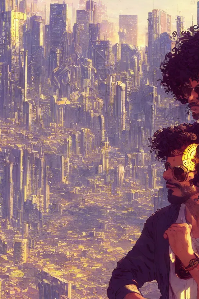 Prompt: a curly - haired persian guy wearing golden shades reflecting a cityscape against a cyberpunk city backdrop by makoto shinkai, masamune shirow and jean giraud