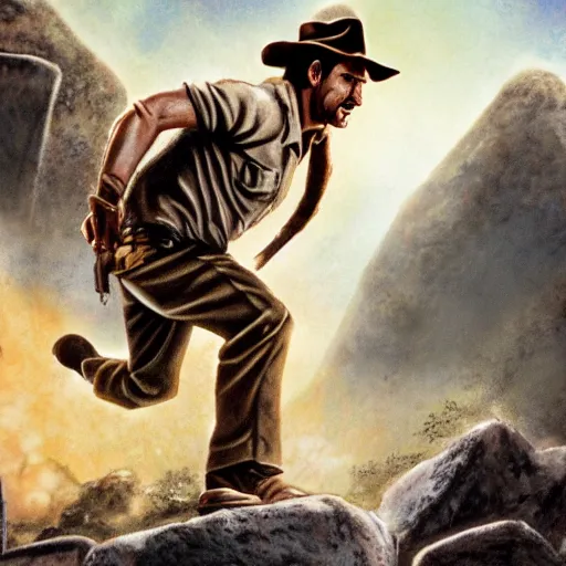 Image similar to Indiana Jones being chased by a boulder trap underground, boulder chase, inside ancient stone temple background, Indiana Jones running away from big round stone, raiders of the lost ark, detailed background, anime key visual