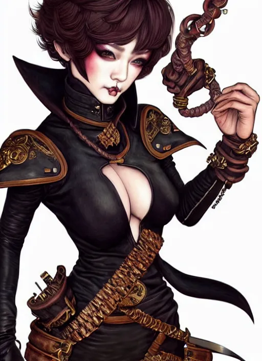 Image similar to rogue, fantasy ornate leather bandit outfit!!! beautiful and athletic short hair female!! gorgeous face and eyes!! character concept art, sharp focus, octane render! unreal engine 5! highly rendered!! trending on artstation!! detailed linework!! illustration by chie yoshii, artgerm, and wlop