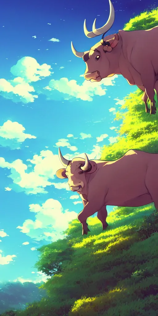 Prompt: a beautiful illustration of a cute bull, wide angle, by makoto shinkai, thomas kinkade, james gilleard, very detailed, deviantart, 4 k vertical wallpaper, tropical, colorful, airy, anime illustration, anime nature wallpap