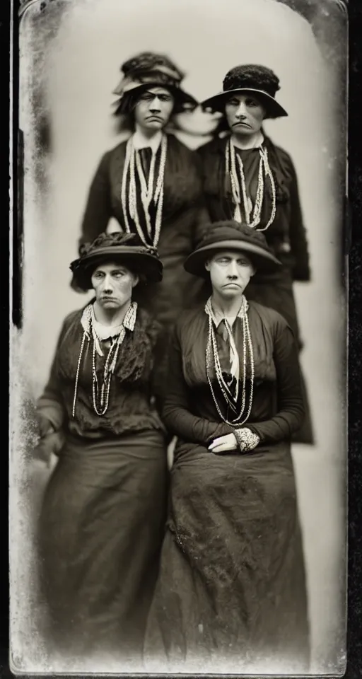 Image similar to wet plate photograph, fashionable ladies on the streets of San Francisco, 1908, realistic faces