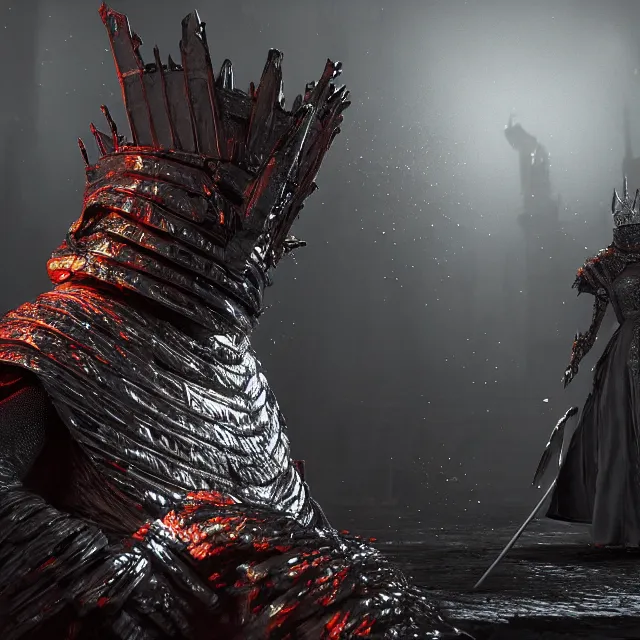 Image similar to queen elizabeth as a dark souls boss, dark cinematic, volumetric, realistic, 3 d render, cinematic lighting, ray tracing, cinematic, unreal engine 5, unreal engine render, octane render, hyper realistic, photo, 8 k