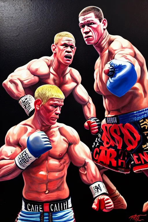 Prompt: john cena fight with eminem, battle rap, california, this painting contains only two people, so no need for any other body additions, sweat, cinematic, ultra realistic, photo epic of the year, hyper detail, complicated, baroque, fit proportions,