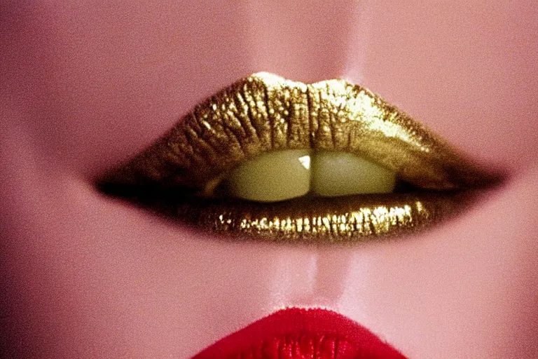 Image similar to film photography, gonzo, close-up of а woman\'s mouth with smeared lipstick , golden hour, 35mm, motion blur