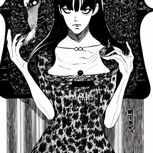 Image similar to portrait of a beautiful woman, gothic, cat eyes, high detail, illustration by junji ito