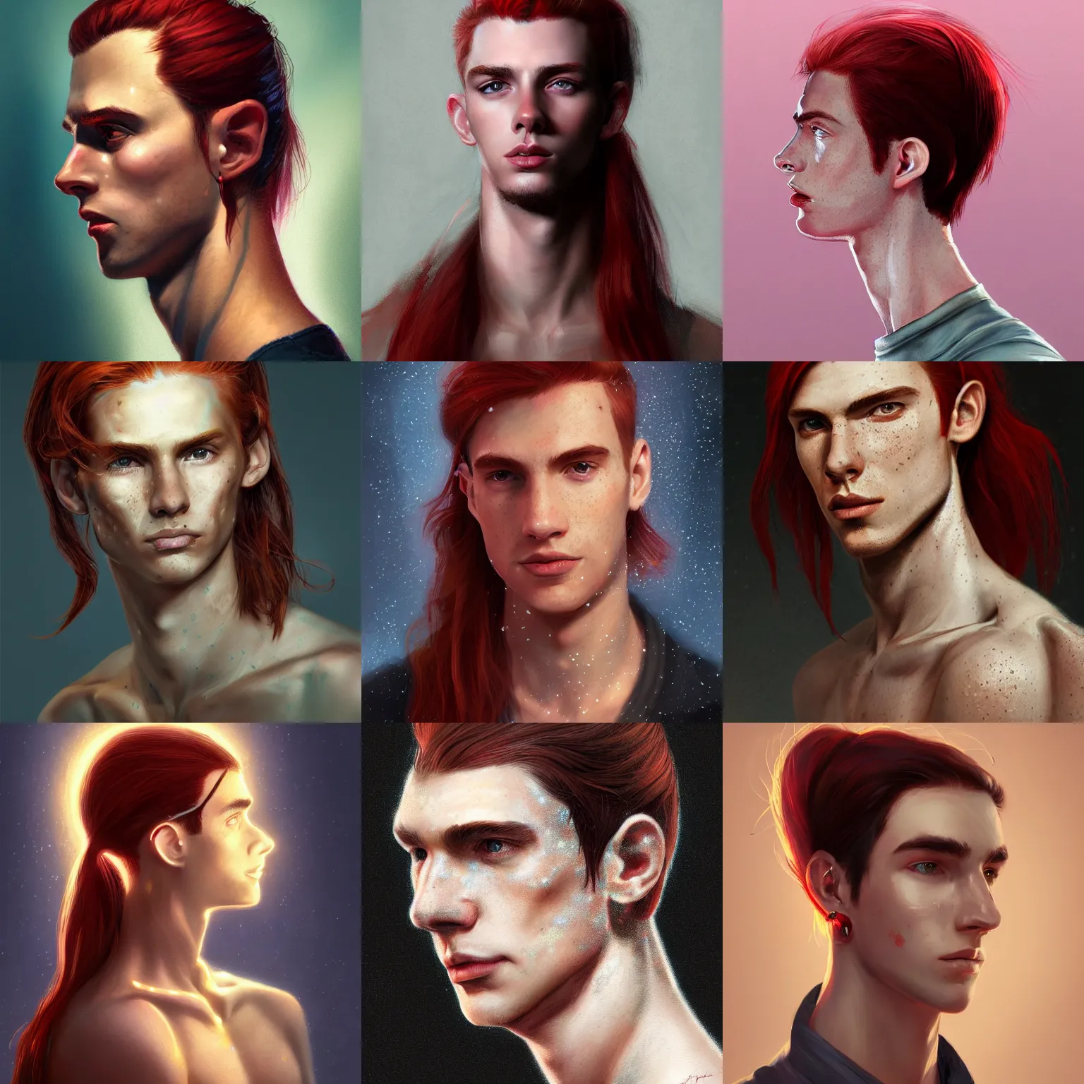 Prompt: portrait of a thin young man with long red hair, ponytail, a lot of freckles on his face, an earring, intricate, elegant, glowing lights, highly detailed, digital painting, artstation, concept art, smooth, sharp focus, illustration