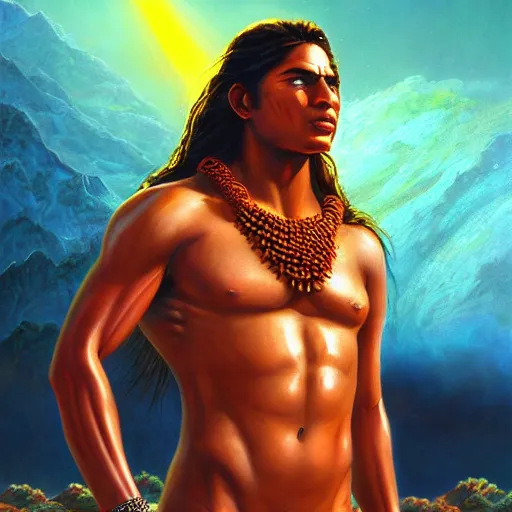 Image similar to ''cinematic shot'' of an inca sun god brown muscular body sweaty skin beutiful face long hair tan skin with the power of a galaxy casper david friedrich raphael lacoste vladimir kush leis royo volumetric light effect broad light oil painting painting fantasy art style sci - fi art style realism premium prints available artwork unreal engine