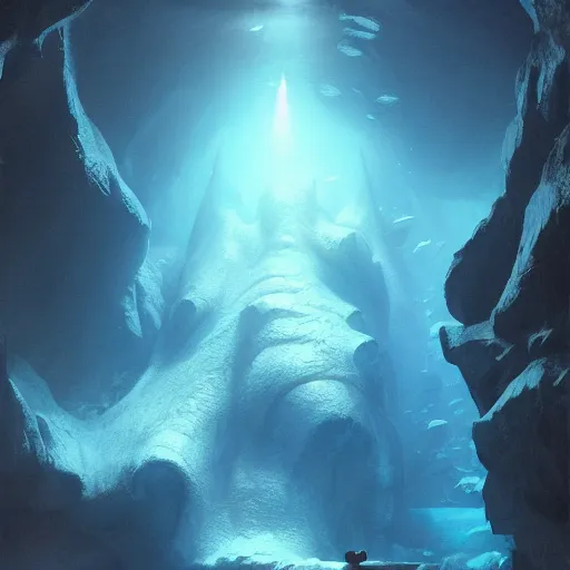 Image similar to Megalodon in a blue cave , by Greg Rutkowski 8k photorealistic, cinematic lighting, HD, high details, dramatic, atmospheric , trending on artstation