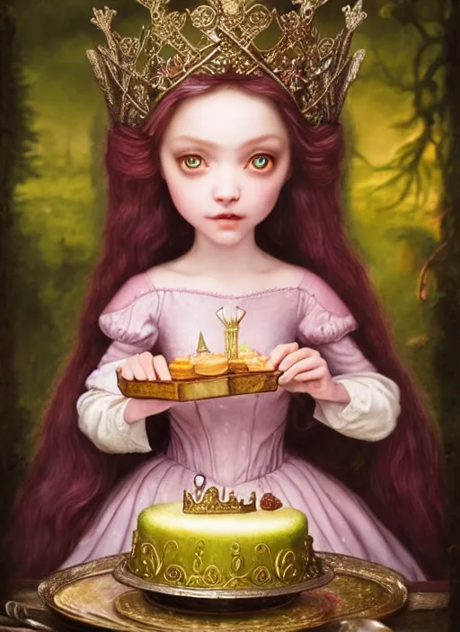 Image similar to highly detailed closeup portrait of an irish fairytale medieval princess eating cake, unreal engine, nicoletta ceccoli, mark ryden, lostfish, earl norem, global illumination, god rays, detailed and intricate environment