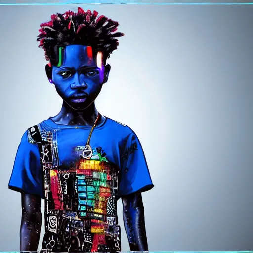 Image similar to a realistic painting of an african kid with cyberpunk and afrofuturist blue clothes, highly detailed, afrofuturist, cyberpunk, photorealistic.