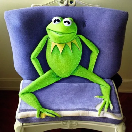 Prompt: “ kermit the frog, reclining on a chaise lounge, with the sun shining in the background, fabric, quilt ”