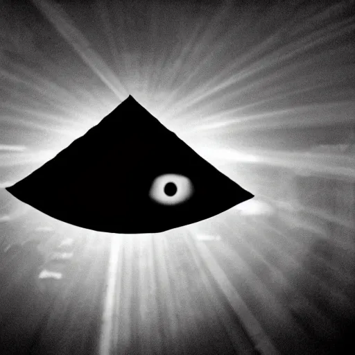 Image similar to an all - seeing eye floating in the sky over a city, high contrast, low key, black and white, lens flare, newspaper, film grain