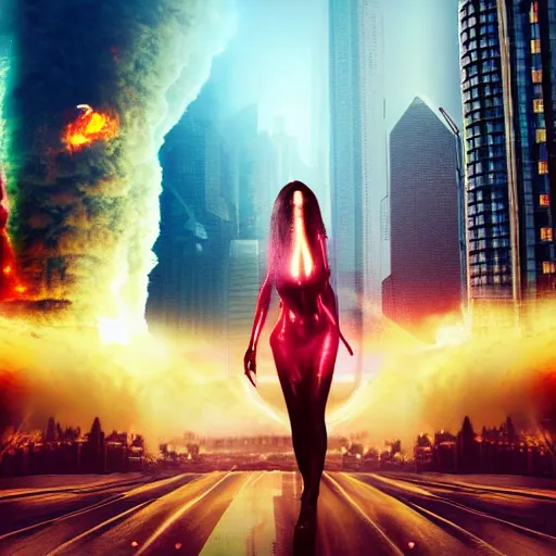 Image similar to a sci - fi woman on a city, city on fire, giant, photoshop, creative and cool, photo manipulation