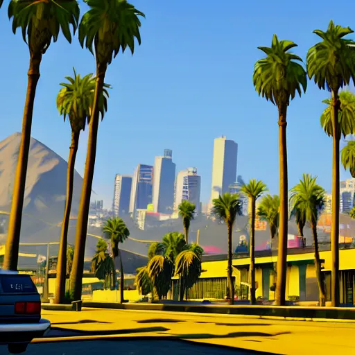 Image similar to yellow in gta v. los santos in background, palm trees in the art style of stephen bliss, 4 k