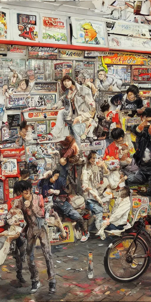 Image similar to oil painting scene from amusement arcade by kim jung gi