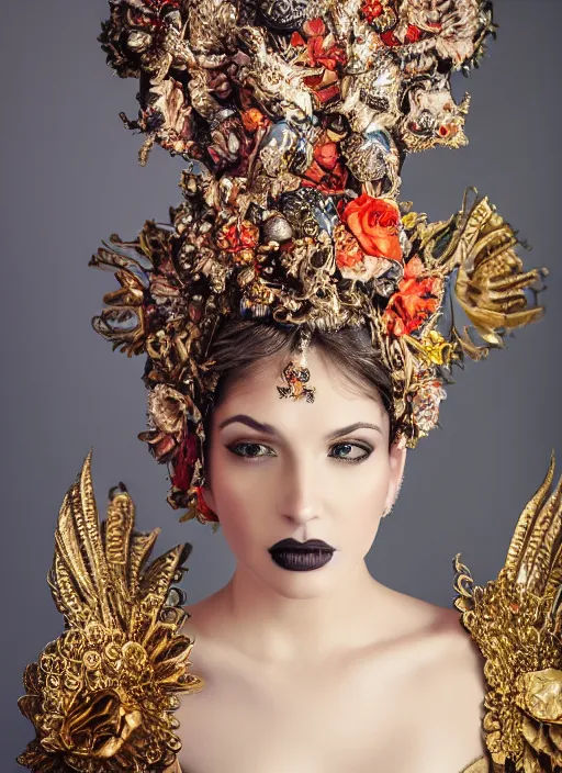 Image similar to expressive full body photo of a female model, ornate headpiece made from flowers, ornaments, glamour shot, by karol bak, by stefan gesell, photorealistic, canon r 3, fashion photography, hyper maximalist, elegant, ornate, luxury, elite, environmental portrait, symmetrical features, octane render, unreal engine, dark grey background, dramatic lights