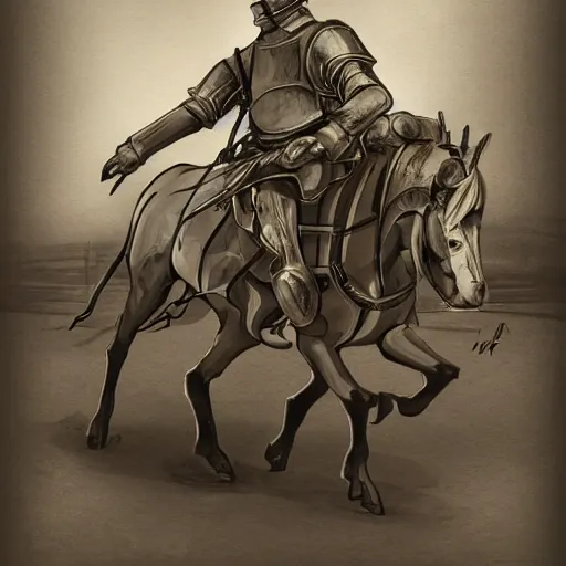 Prompt: A knight on a horse fighting a tank. Highly detailed. digital illustration. In the style of Veronique Meignaud.