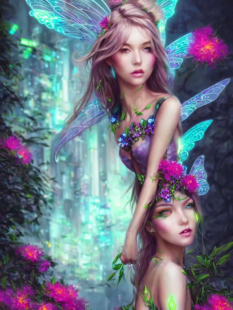 Image similar to half body portrait of a beautiful cyber fairy, in a cyberpunk garden, elegant pose, body covers with neon flowers, realistic digital painting, artgerm, sakimichan, huang guangjian