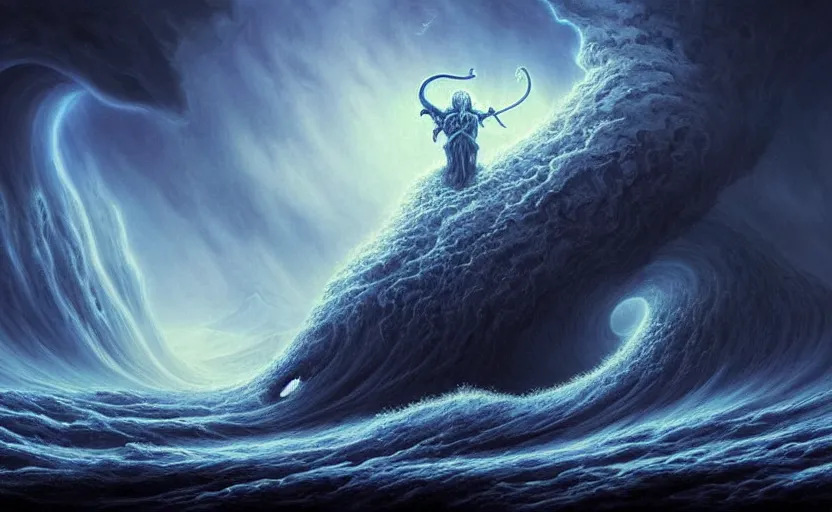 Image similar to beautiful digital fantasy illustration of a demon holding a staff!!, hellish background, a giant wave in the sky, apocalypse art!!!!, apocalypse landscape!!!!!, lovecraftian!!, cosmic horror!!!, concept art by Jarosław Jaśnikowski, a detailed matte painting by Dan Luvisi, cgsociety, fantasy art, highly detailed, soft lighting, rendered in octane, masterpiece, very very very aesthetic