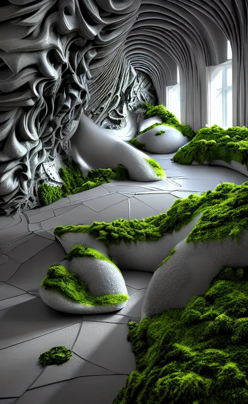 Image similar to highly detailed ultra sharp 3 d render villa interior cinematic composition of a smooth ceramic porcelain biomorphic magnolia stone nebula fluid fractal sci - fi surreal architecture landscape, granite, metallic, magnesium, marble, moss and lichen, vincent callebaut composition, mamou - mani, archviz, beautiful lighting, 8 k, unreal engine, hdr,