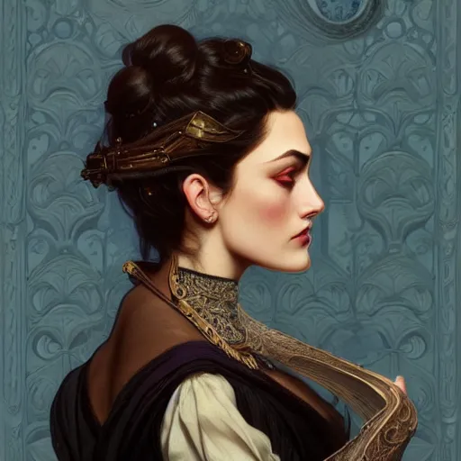 Prompt: Phoebe Tonkin dressed in Victorian fashion, D&D, fantasy, intricate, elegant, highly detailed, digital painting, artstation, concept art, matte, sharp focus, illustration, art by Artgerm and Greg Rutkowski and Alphonse Mucha