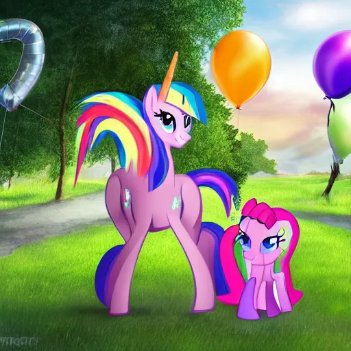 Image similar to (my little pony) giving rides to children at a birthday party in the city park. balloons, cake, presents, crazy, road trip, havoc, 8K, 4K, digital art, cgsociety, realistic photograph