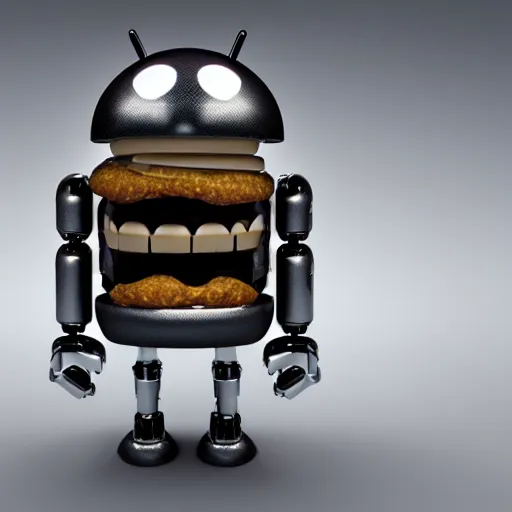 Image similar to android endoskeleton with the face of Dan Schneider eating a greasy hamburger, high quality, unreal engine 5 render, high quality render, octane render, photo realistic, ultra detail, cinematic lighting, realistic