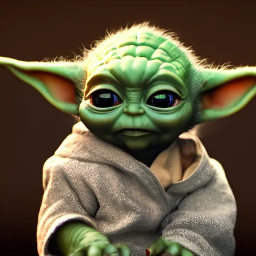 Image similar to full body pose, hyperrealistic photograph of baby yoda dressed as a pimp, dim volumetric lighting, 8 k, octane beautifully detailed render, extremely hyper detailed, intricate, epic composition, cinematic lighting, masterpiece, trending on artstation, very very detailed, stunning, hdr, smooth, sharp focus, high resolution, award, winning photo, dslr, 5 0 mm