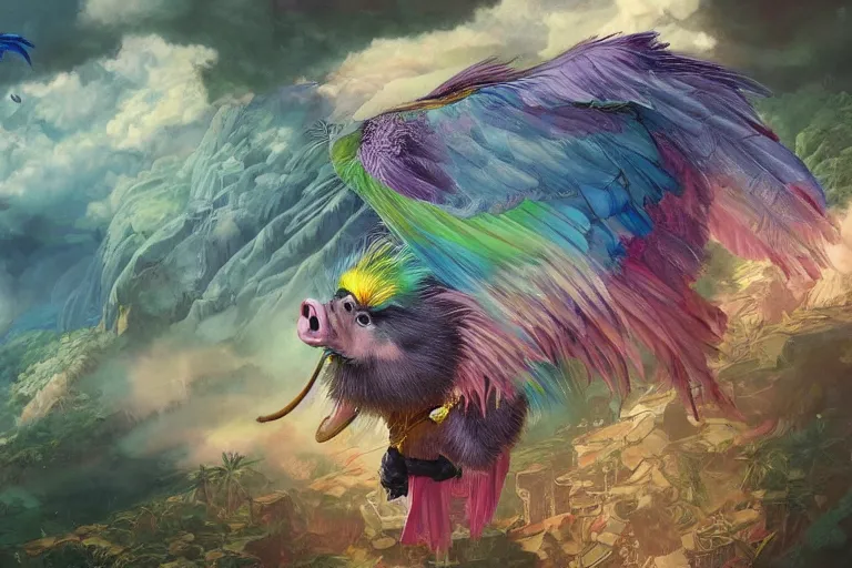 Image similar to a pig with rainbow feathered wings, flying above a tropical forest, HD, illustration, epic, D&D, fantasy, intricate, elegant, highly detailed, digital painting, artstation, concept art, smooth, sharp focus, illustration, wallpaper, art by artgerm and greg rutkowski and alphonse mucha and jin xiaodi and anthony devine