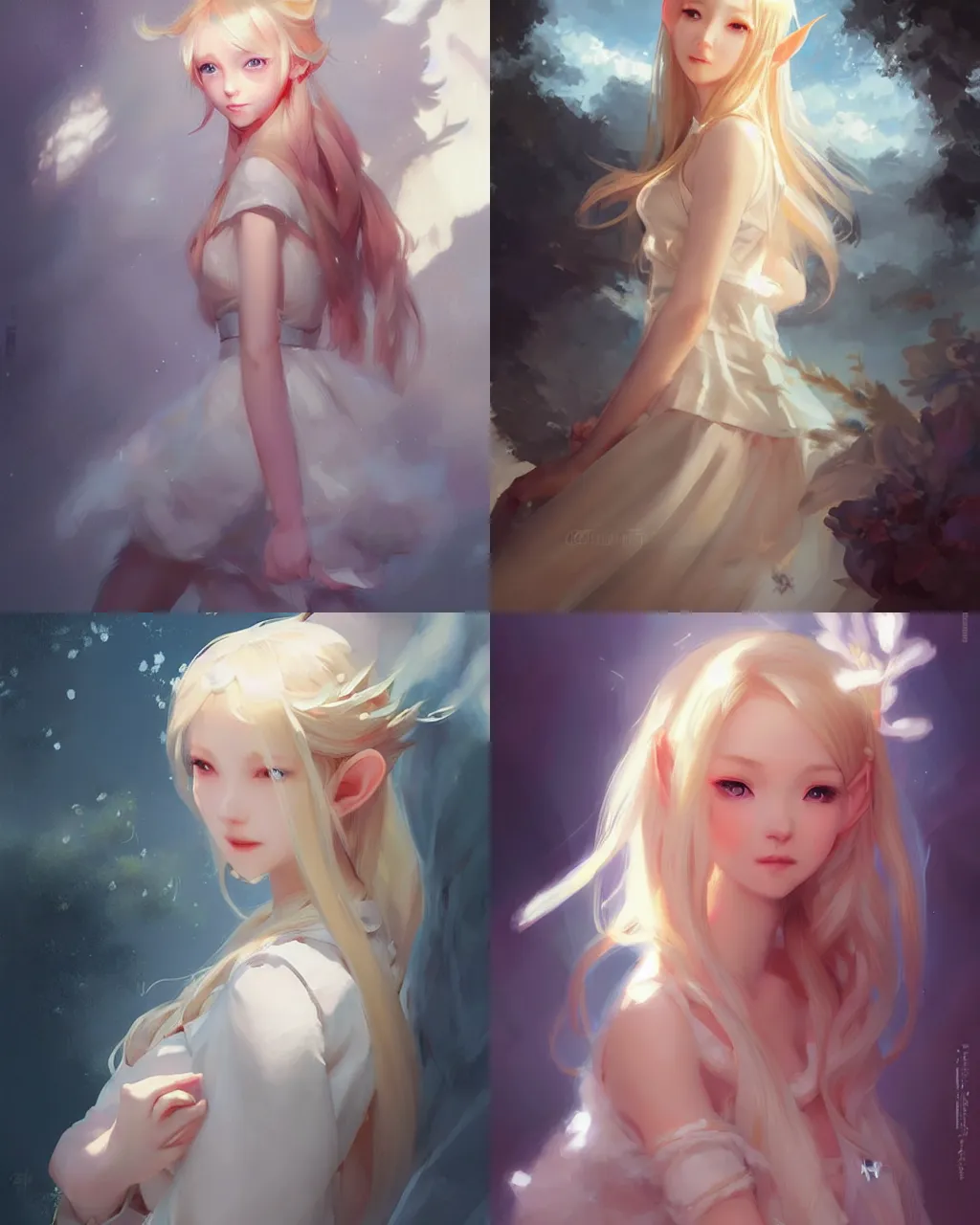 Prompt: elf girl with blonde hair and white dress, half - length photo, illustration, soft lighting, bright, by wenjun lin an krenz cushart