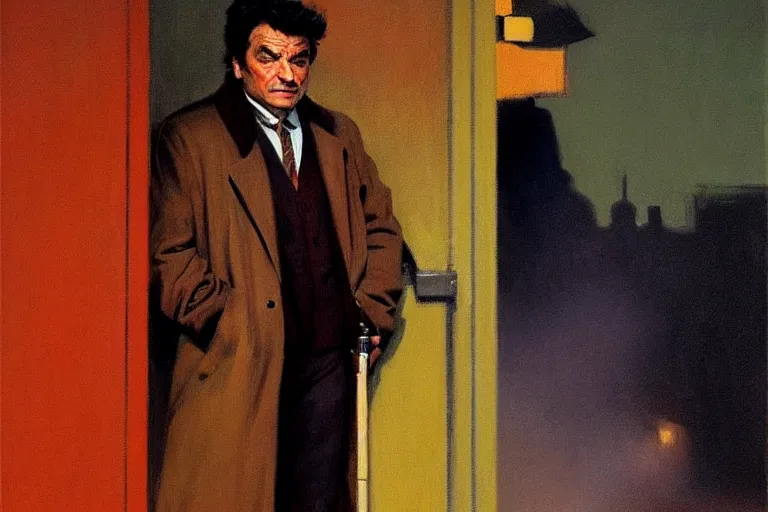 Image similar to police detective columbo ( young peter falk ) in his trenchcoat, holding his head in one hand and a cigar in the other. 1 9 7 0 s oil painting in the style of edward hopper and ilya repin gaston bussiere, craig mullins. warm colors. detailed and hyperrealistic.