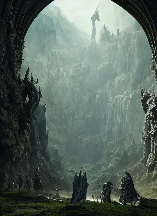Image similar to medieval adventurers in the lord of the rings scenery landscape, inside an enormous overgrown alien cathedral, huge statue of a dragon, portal to another dimension in the sky, highly detailed, cinematic lighting, perfect composition, 4 k, gustave dore, derek zabrocki, greg rutkowski, octane render