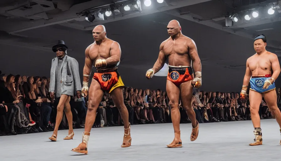 Prompt: hyperrealistic and heavy detailed 2321s runway show of mike tyson , Leica SL2 50mm, vivid color, high quality, high textured