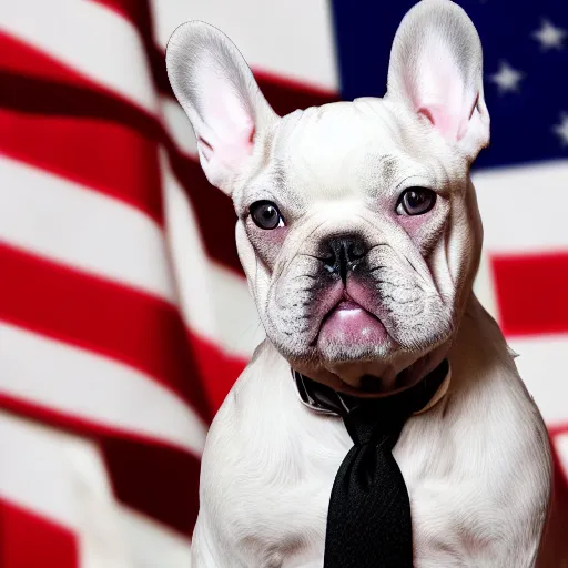 Prompt: A white french bulldog as the president of the united states, running for reelection for the year 2024, 8k hdr movie still, dynamic lighting, detailed