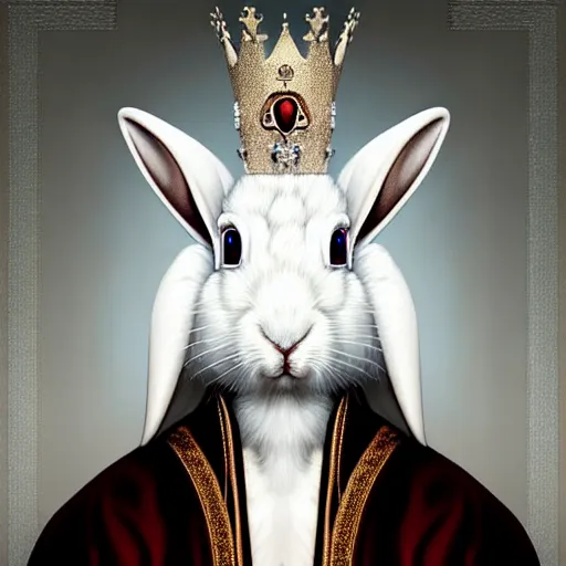 Prompt: “ an oil painting portrait of an evil white hare wearing medieval royal robe and an ornate crown on a dark background ” digital art, concept art, highly detailed, 3 - d 4 k, trending on art station, award winning, mark brooks,