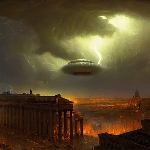 Prompt: a giant alien spaceship is breaking through clouds with thunder lightnings, hovering over an roman city, cold lights, cloudy day, hyperdetailed, by greg rutkowski, by albert bierstadt