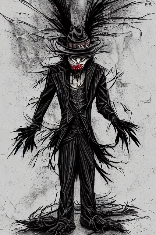 Image similar to villainous scarecrow, symmetrical, highly detailed, digital art, sharp focus, trending on art station, anime art style