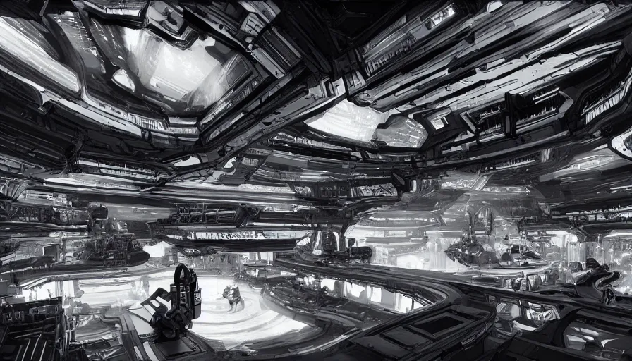 Prompt: Interior of a huge, bright black and white wonderful space base with lot of people in it, hyperdetailed, artstation, cgsociety, 8k