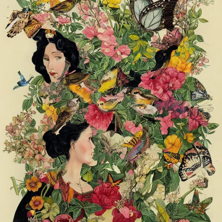 Prompt: vintage illustration, bizarre compositions, a beautiful woman blended with flowers, fruits, birds and butterflies, by beto val, john james audubon, exquisite detail