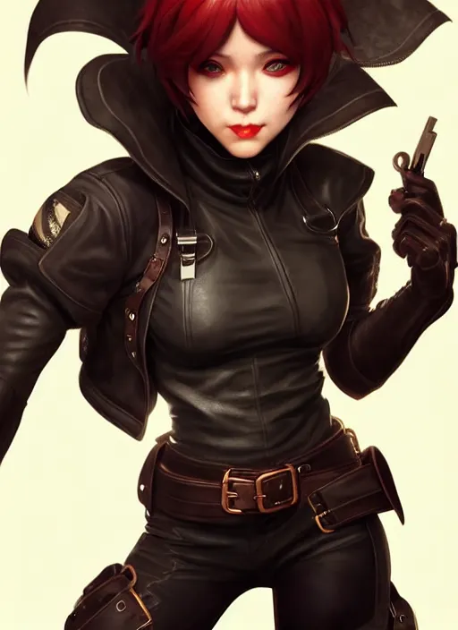 Image similar to rogue, leather bandit outfit!!! beautiful and athletic short hair female!! gorgeous face and eyes!! character concept art, sharp focus, octane render! unreal engine 5! highly rendered!! trending on artstation!! detailed linework!! illustration by artgerm, wlop, and chie yoshii