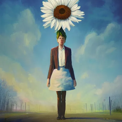 Image similar to giant white daisy flower head, frontal, girl in a suit, standing in street, surreal photography, sunrise, dramatic light, impressionist painting, digital painting, artstation, simon stalenhag