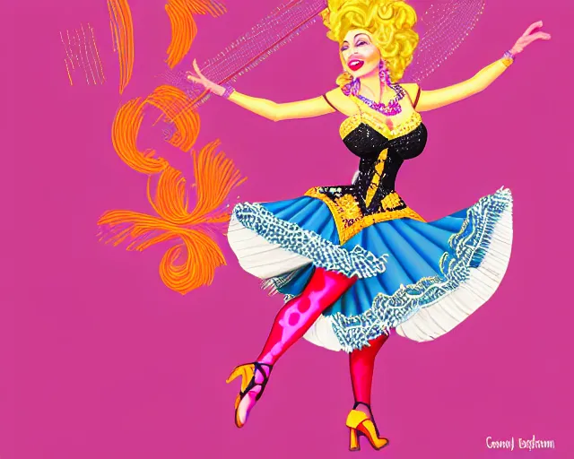 Image similar to young dolly parton as a cancan dancer in art deco style, hyper realistic, artstation, illustration, bright, cheerful, detailed and intricate environment